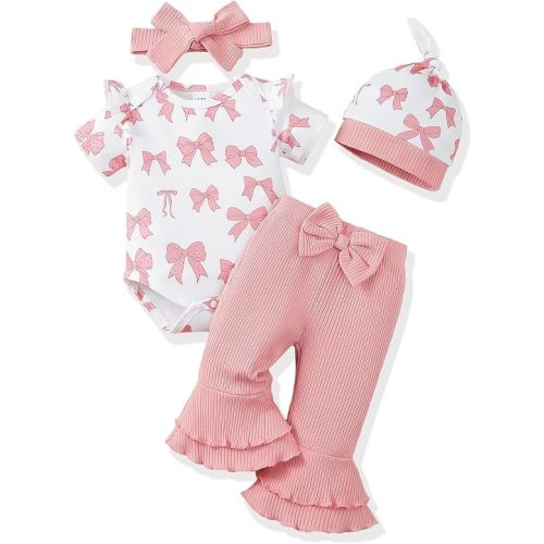 Renotemy Newborn Baby Girl Clothes Infant Romper Spring Summer Outfits Gifts Bell Bottoms Pant Sets for Girls Preemie-12Month