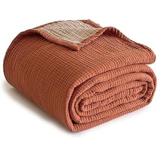 Simple&Opulence 100% Cotton Muslin Blanket Twin Size, Lightweight Breathable 4 Layering Gauze Blanket for Bed Couch Camping, Soft Bedspread Coverlet All-Season Use (Rust Orange, 68"x86")