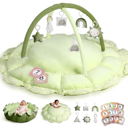 HAN-MM 5-in-1 Convertible Baby Play Gym with 6 Toys, Tummy Time Mat for Sensory Development, Baby Activity Center from Newborn to Toddler, Ball Pit, Soft Plush Pet Mat, Green