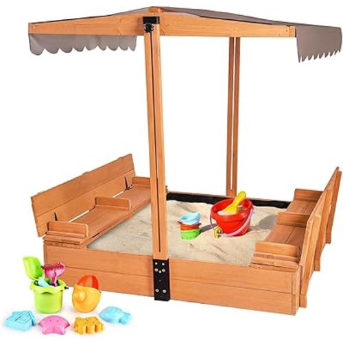 Aivituvin Kids Sand Boxes with Canopy Sandboxes with Covers Foldable Bench Seats, Children Outdoor Wooden Playset - Upgrade Retractable Roof (47x47Inch)