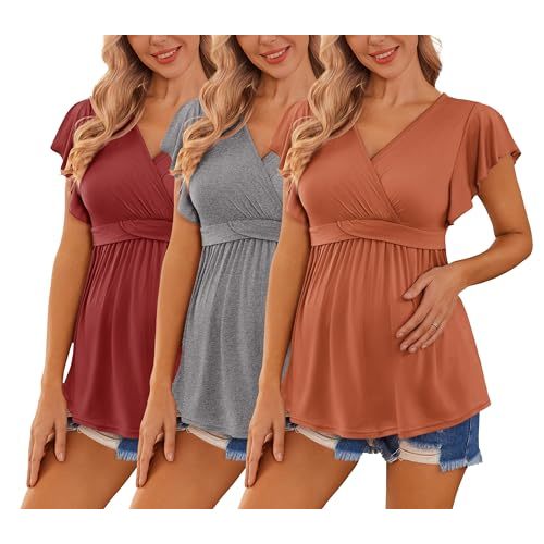 Ekouaer Maternity Shirts 3 Packs Flying Short Sleeve Nursing Tops Pregnancy Clothes