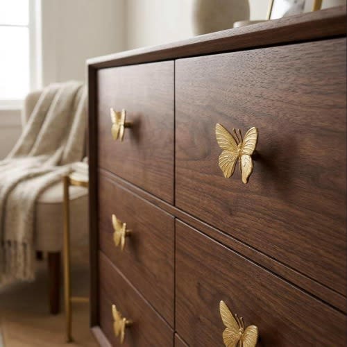 Solid Brass Butterfly Cabinet Knob French Style Wardrobe Handle Decorative Drawer Pull for Kids Room