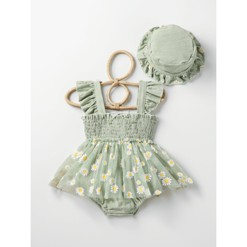 2 Pcs Baby Girl Sage Green Daisy sheer Mesh Skirt bodysuit Dress with Hat