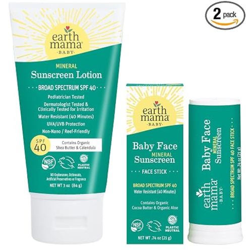 Earth Mama Baby Mineral Sunscreen Lotion & Face Sunscreen Stick Set SPF 40 - Non-Nano Zinc - Broad Spectrum for Babies, Kids & Family - Water Resistant Sun Protection