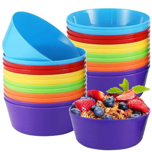 24 Packs Kid Plastic Bowls 10 oz Reusable Cereal Snack Bowls Microwave Dishwasher Safe Colorful Salad Dessert Soup Bowl Set 6 Colors