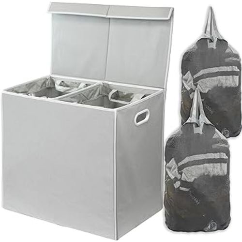 Simplehouseware Double Laundry Hamper with Lid and Removable Laundry Bags, Grey