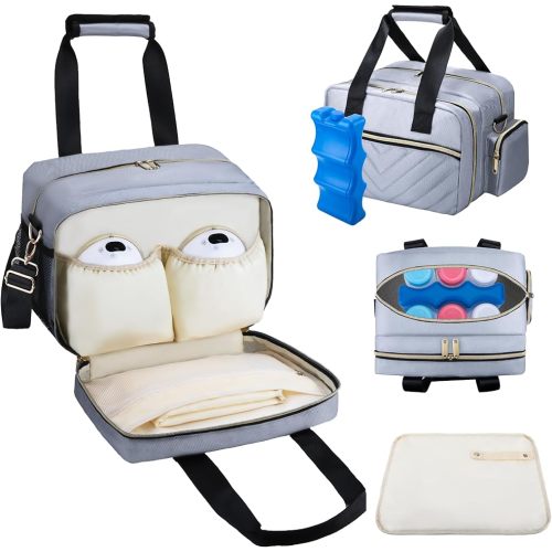 Breastmilk Cooler Bag Fits 6 Baby Bottles up to 9 Ounce with Ice Pack, Wearable Breast Pump Bag Plus , Insulated Bottle Travel Bag Compatible with Momcozy/Elvie/Willow, with Shoulder Strap Grey