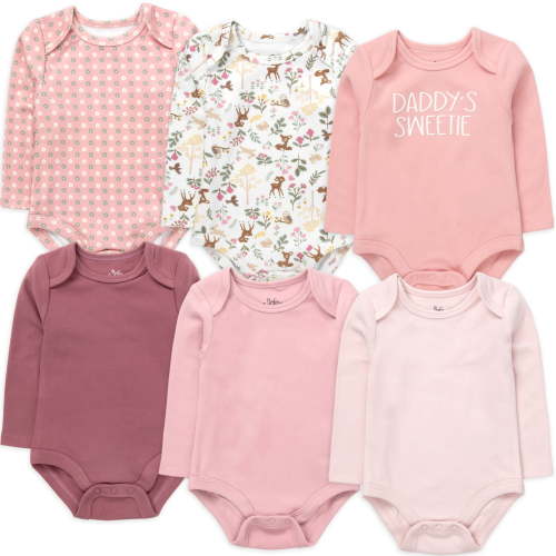 Baby Essentials Girls 6-pack Long Sleeve Bodysuits,Solid & Printed Designs, Soft Stretch Polyester Spandex, Snap Closure (3 months,Daddy's Sweetie Pink Green Floral)