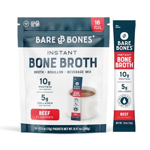 Bare Bones Beef Bone Broth Instant Powder Mix Packets 16 Pack | 5g Collagen | 10g Protein | Sipping Broth/Bouillon | Keto & Paleo | No Artificial Flavors | Gluten & Dairy Free | On-the-go