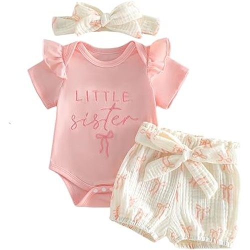 Little Sister Baby Girl Clothes Summer Outfit Cotton Short Sleeve Romper Shorts Headband Newborn Infant Toddler Girl Outfits