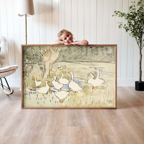 Vintage Geese Painting: Framed Cotton Canvas (gold frame, 42”)