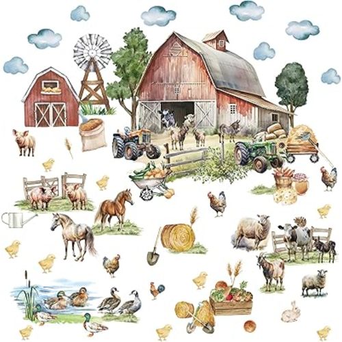 Large Farm Animal Wall Decals Peel and Stick Funny Animal Wall Stickers Farmhouse Decoration Sheep Chicken Rooster Duck Horse Pig Cow Cute Farm Wall Stickers for Kids Room Playroom Kitchen Decor