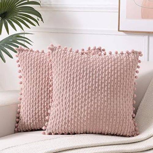 Fancy Homi 2 Packs Dusty Pink Decorative Throw Pillow Covers 18x18 Inch with Pom-poms for Couch Bedroom Living Room, Farmhouse Boho Home Decor, Soft Cute Plush Corduroy Blush Cushion Case 45x45 cm