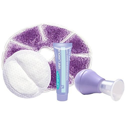 Lansinoh Breastfeeding Starter Set for Nursing Mothers includes, 1 Lanolin Nipple Cream, 24 Stay Dry Disposable Nursing Pads, 2 TheraPearl Breast Therapy Packs and 1 LatchAssist Nipple Everter
