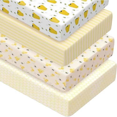 Peryiter 4 Pack Crib Sheets Girl Soft Baby Bed Sheet Set 52'' x 28" Nursery Crib Sheets for Standard Bed for Nursery Decor Baby Boys or Girls(Yellow,Bee)