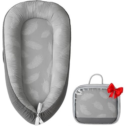 Baby Nest for Newborn – 100% Cotton, Safe, Breathable & Soft (0-24 Months), Portable Infant Pillow, Baby Pillow (Grey Feather)