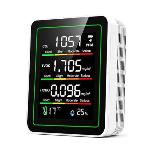 Portable CO2 Detector with LCD Color Screen, Formaldehyde HCHO TVOC Temperature Humidity Tester, USB Rechargeable Air Quality Meter for Home Office Car Travel