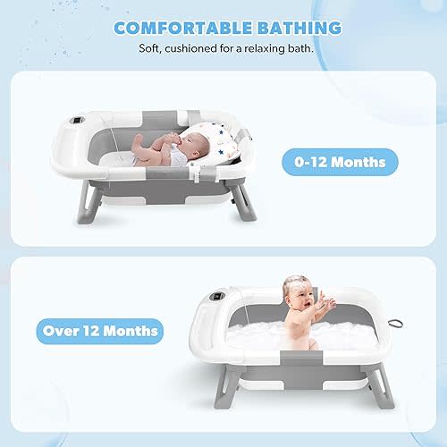 LIVINGbasics Foldable Baby Bath Tub for Infants to Toddler, Anti-Slip Portable Travel Shower Basin with Soft Support Cushion and Temperature Sensor