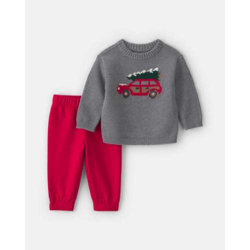 Baby Boy 2-Piece Christmas Tree Car Sweater & Pant Set - Grey/Red | Carter's