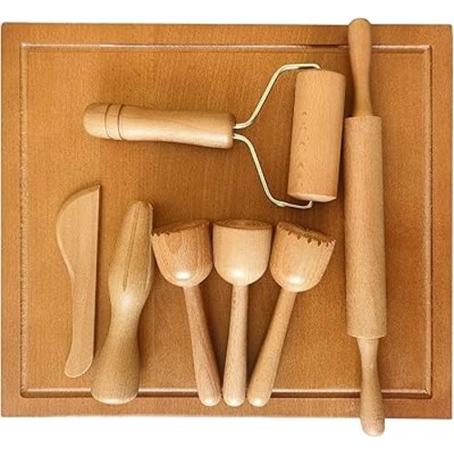 Playdough Tools Sets with 7 Wooden Play Dough Toys,Sensory Toys for Kids,Play Dough accessoris for Toddler Ages Craft Board,Stamps,Squeezer,Rolling pin,Montessori Kits for Preschool