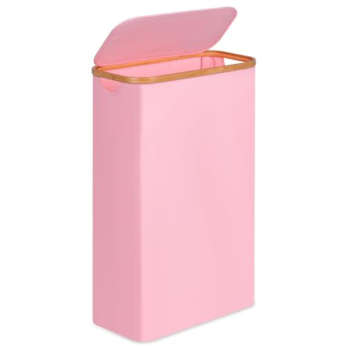 Slim Laundry Basket,60L Laundry Hamper with Lid, Tall Hamper for Laundry,Dirty Cloth Hamper with Bamboo Handle for Toys,Towels, Clothes Organizing,Pink