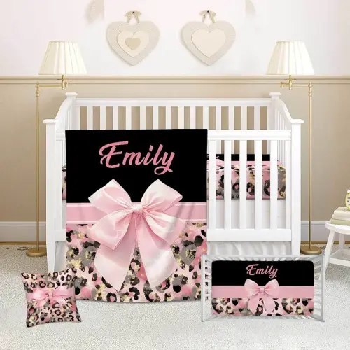 Personalized Baby Crib Bedding Set for Girls, Custom Name 3 Piece Pink Bow Nursery Bedding with Flannel Blanket, Fitted Crib Sheet & Pillowcase, Leopard Print Bedding Gift for Newborn Infant