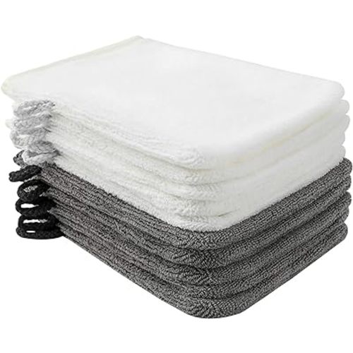 PHOGARY 10 Pack Microfiber Body Wash Mitts, Soft Face Mitten, Bath Spa Cloth, Reusable Makeup Remover Mitt Gloves, European Style Wash Cloth, 6×8 inch, White and Grey
