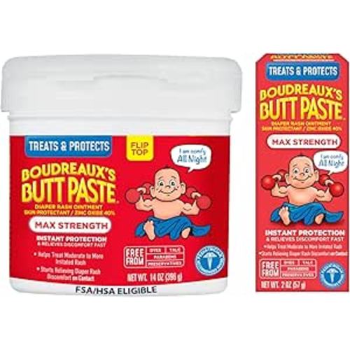 Boudreaux’s Butt Paste Max Strength Diaper Rash Cream for Baby, Ointment With Zinc Oxide, 2 oz Tube & 14 oz Jar