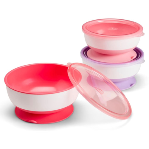 Munchkin Stay Put Munchkin Suction Baby Bowls with Lids - Dishes for Babies and Toddlers, Self-Feeding Bowl Set for Kids 6+ Months, 3 Pack, Pink/Purple