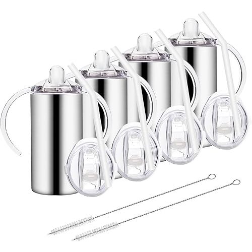 12oz Stainless Steel Sippy Cups for Toddlers with Handles, Spill Proof Double Wall Vacuum Insulated Sippy Cups, Kids Straw Cups with Extra Lids for School, Outdoor, 4 Pack