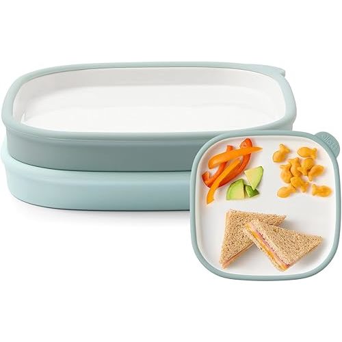 Ello Clean Start Toddler Everything Plate 2 Pack | BPA-Free Ceramic Plates with Silicone Sleeve for Babies/Toddlers | Microwave/Dishwasher Safe, Plastic-Free, High Chair Friendly | Dewdrop/Grayed Jade