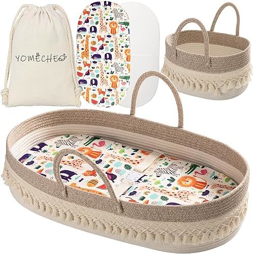 Baby Changing Basket, Boho Moses Baskets for Newborn, Baby Basket for Baby Dresser, Diaper Changing Basket for Baby with Diaper Caddy, Cartoon Changing Pad, Waterproof Sponge Cushion, Storage Bag