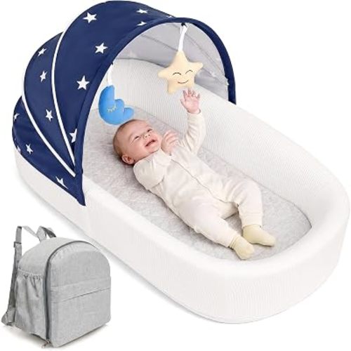 Portable Newborn Nest Lounger with Canopy & Mosquito Net-Lightweight Foldable Newborn Play Support & pad and Washable Cover, Indoor-Outdoor Use(Blue)