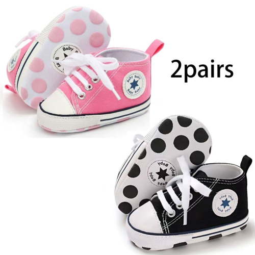 Bonario Baby Girls Boys 2 Pairs Shoes Infant Canvas High-Top Ankle Sneakers for First Walkers 0-18M