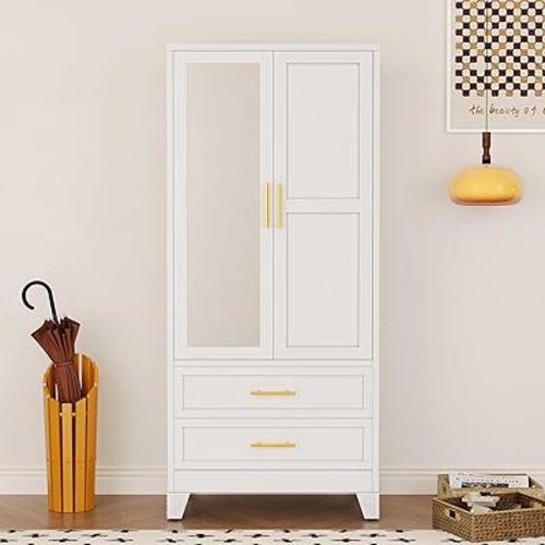 Metal Armoire Wardrobe Closet, 71 "Metal Clothing Storage Cabinet with Mirror and Adjustable Shelves, Household Steel Wardrobe Storage Cabinet with 2 Drawers and Hanging Rod(Armoire-White)