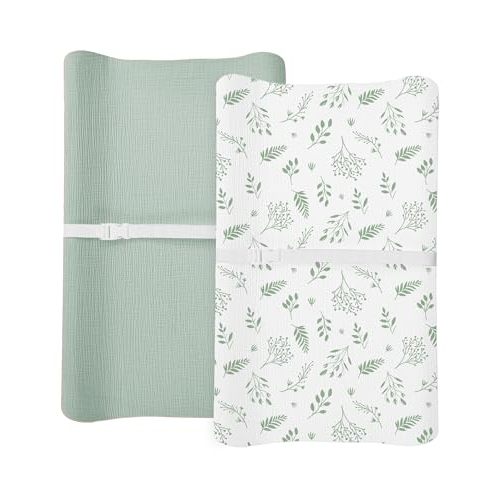 Changing Pad Cover for Baby Boy Girl 2 Pack, Muslin Changing Table Pad Covers with Boho Style, Neutral Nursery Bedding Essentials Soft and Breathable (Fern - Leaf & Sage)