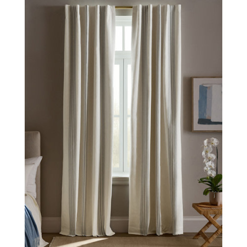 Coastal Stripe Linen Cotton True Blackout Curtain in Ivory/Fog