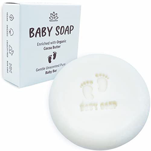 Relaxcation Unscented Baby Soap Bar - 4 Simple Ingredients - ORGANIC Coconut Oil, Olive and Castor Oil, and Moisturizing Cocoa Butter - All Natural Cold Process Soap Bar For Newborn, Baby, Kids