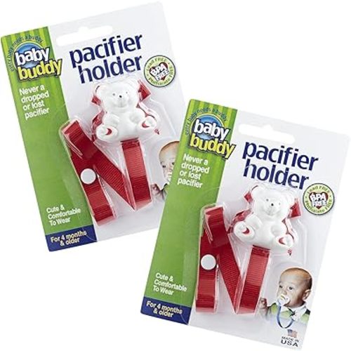 Baby Buddy Bear Pacifier Holder Clip Snaps to Paci, Teether, Toy, Clips to Baby's Shirt, Pacifier Clip for Babies 4 Months & Up/Toddler Boys & Girls, Pacifier Holder, Baby Must Haves, Red, 2 Count