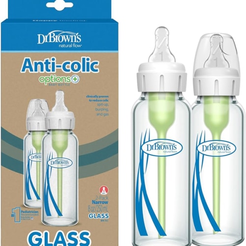 Dr. Brown's Natural Flow Anti-Colic Options+ Narrow Glass Baby Bottle 8 oz/250 mL, with Level 1 Slow Flow Nipple, 2 Pack, 0m+