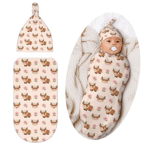 Cow Swaddle Blanket with Hat for Baby, Swaddling Highland Cow Baby Stuff