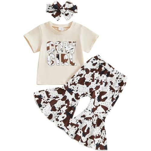 Sasaerucure Baby Girl Western Howdy Shirts + Cow Print Flare Pants + Bow | Infant Toddler Western Clothes Short Sleeve Shirts + Cow Print Bell Bottoms + Headband Summer Outfits