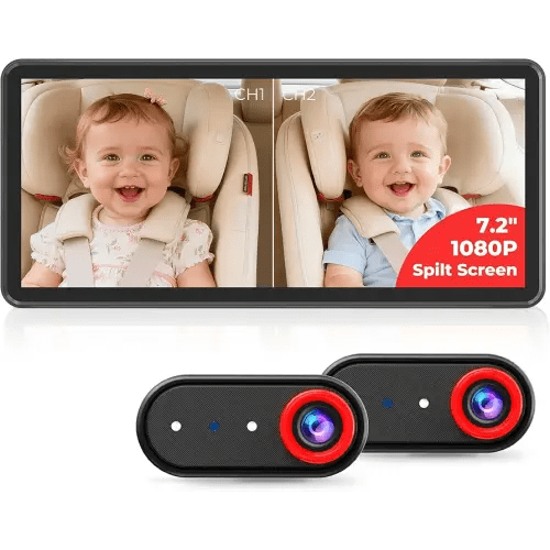 BM5PRO Double Car Camera for 2 Baby，7.2" 1080P Split Screen with IR Night Vision, Real-Time Monitoring Baby Car Camera,Easy Install, Family Travel Companion for Kids & Pets