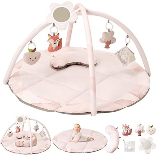 Fortella Baby Play Gym & Activity Mat, Tummy Time Mat w 5 Detachable Toys and Pillow, Large Sensory Playmat for Floor, Newborn Infant Baby Essentials Shower Gift 0-3-6-9-12 Months (Rose Pink)