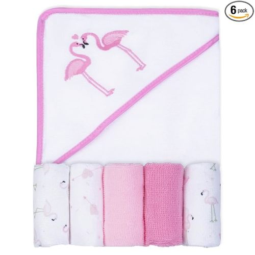 Viviland Baby Towels and Washcloths, Soft Absorbent Baby Girl Bath Towel Set, Flamingos Hooded Towels with 5 Infant Washcloths (6 Pieces)