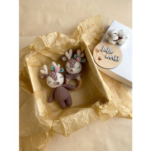 Deer baby rattle and toddler toy, Crochet toys for baby girl, Pragnancy gift for for woodland baby shower