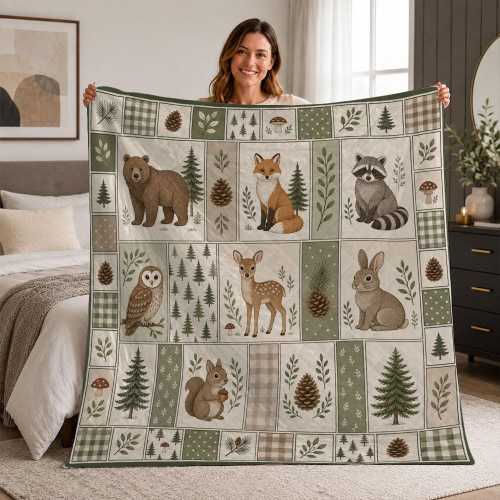 Woodland Animals Quilt Blanket, Forest Nursery Patchwork Throw, Bear Fox Deer Raccoon
