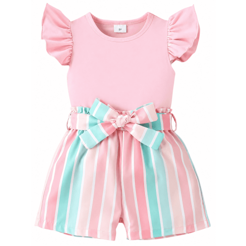 PatPat Toddler Girls Outfits Baby Girl Clothes Sets 2pcs Flutter Sleeve Top and Shorts Pink 2T