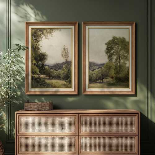 Framed Green Countryside Landscape Wall Art Set of 2, Rolling Hills & Trees Prints, Rustic Nature Artwork for Living Room Decor
