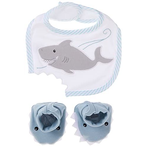 Baby Aspen Shark Bib and Booties Gift Set - Unique Baby Shower Gifts for Boys - 100% Cotton Newborn Bibs and Baby Booties 0-3 Months - Baby Boy Essentials, Cute Shark Week Gift Idea